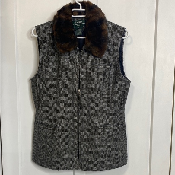 Ralph Lauren Grey Herringbone Vest with Faux Fur Collar - Wool Silk Blend - 10P - Picture 1 of 8